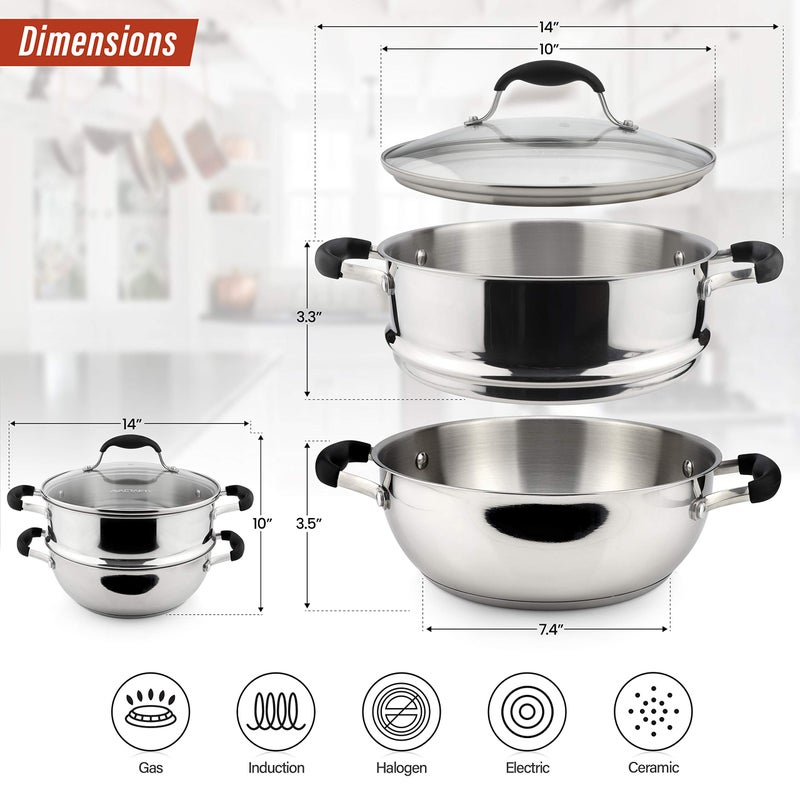 AVACRAFT 18/10, 3 Piece Stainless Steel Steamer Cooking Pot & Pan Set with Glass Lid, Momo Maker, Induction - Image 2